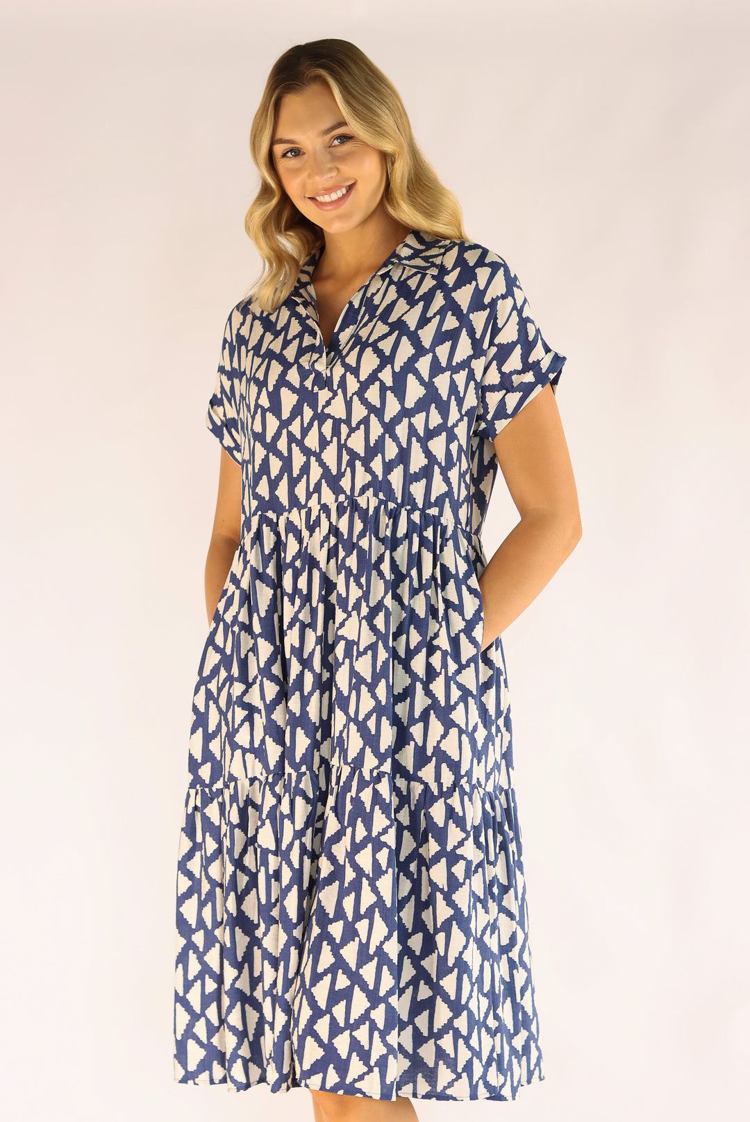 Blue White Abstract Print Midi Dress