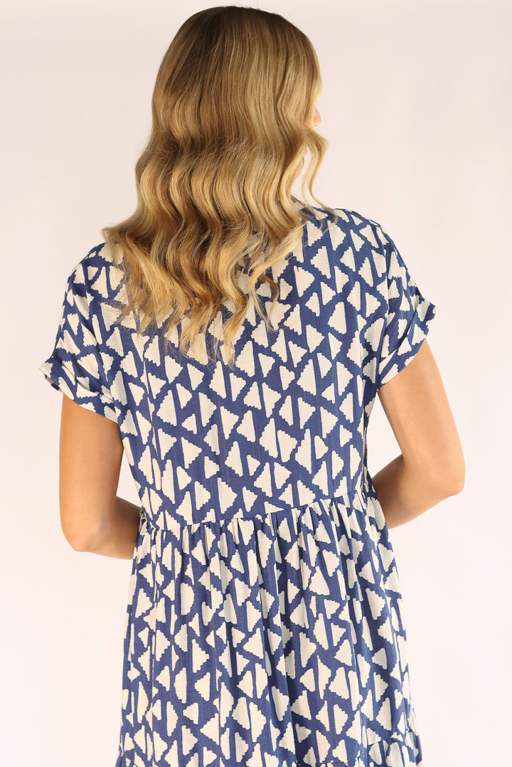 Blue White Abstract Print Midi Dress