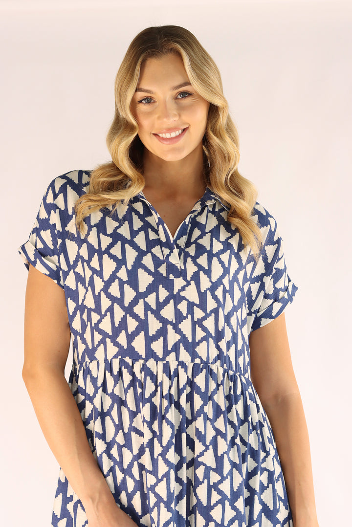 Blue White Abstract Print Midi Dress