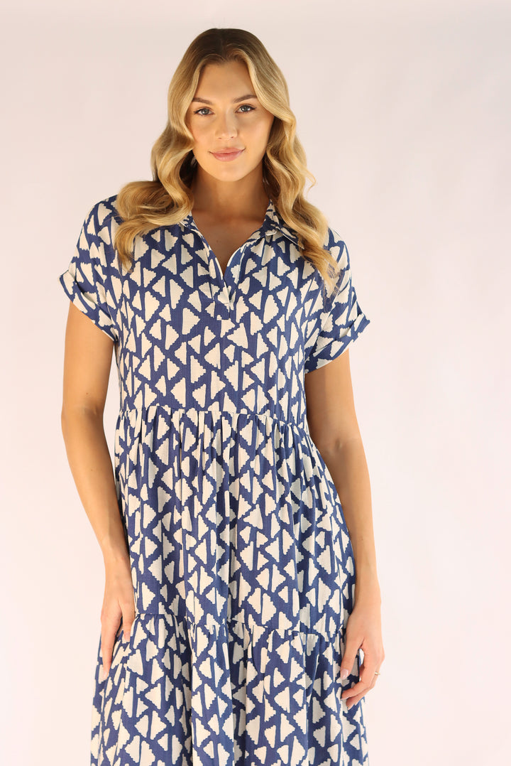 Blue White Abstract Print Midi Dress