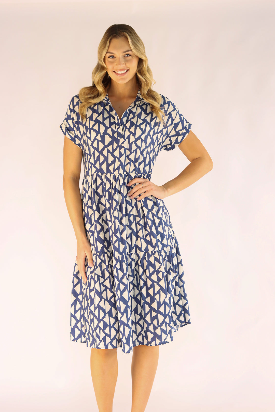 Blue White Abstract Print Midi Dress