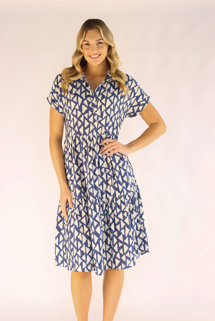 Blue White Abstract Print Midi Dress