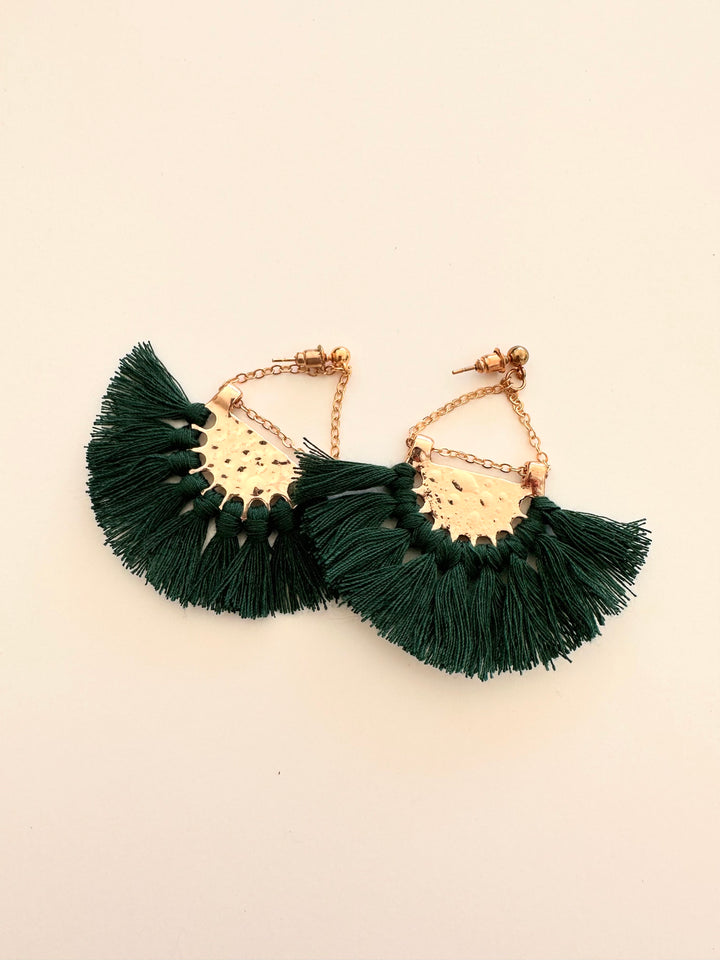 Bohemian Tassel Earrings In Forest Green