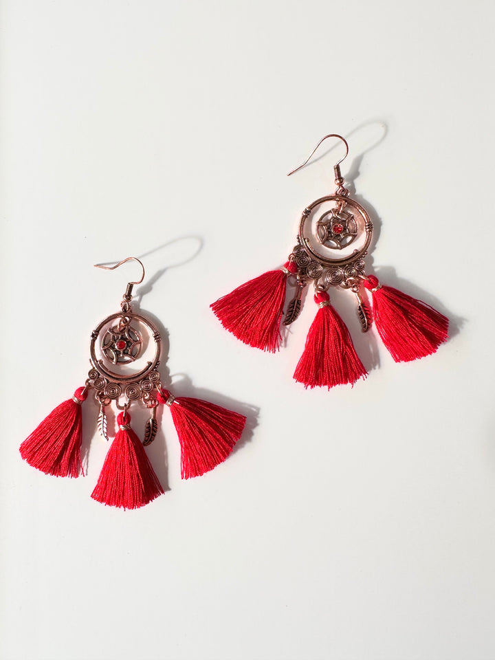Coral Red Tassle Earrings