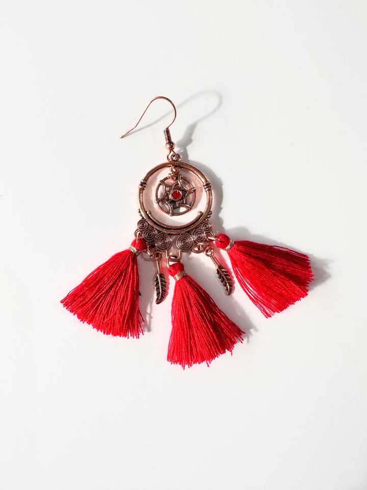 Coral Red Tassle Earrings