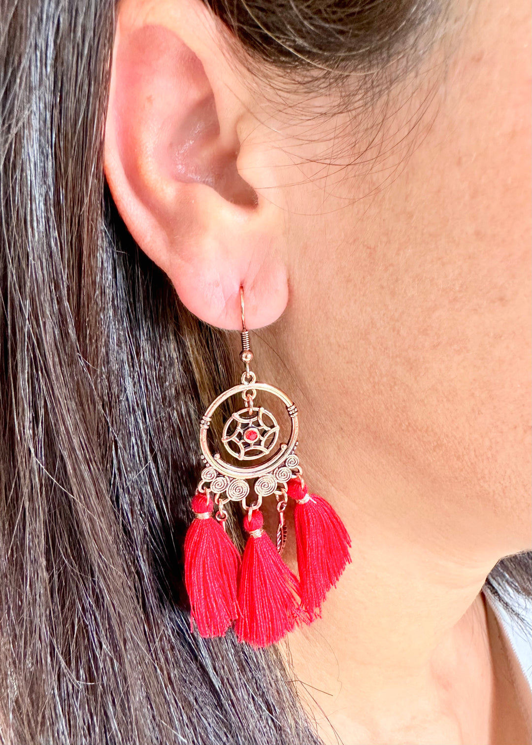 Coral Red Tassle Earrings