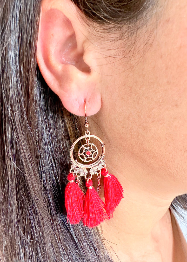 Coral Red Tassle Earrings